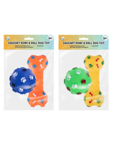 2Pk Squeaky Bone & Ball Dog Toy